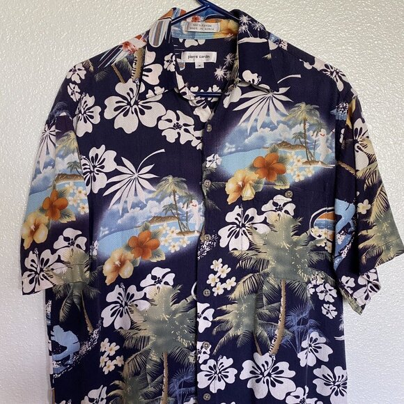 Pierre Cardin Shirt Adult Medium Navy Hawaiian Flowers Palm Trees Surfing Mens - Picture 2 of 6